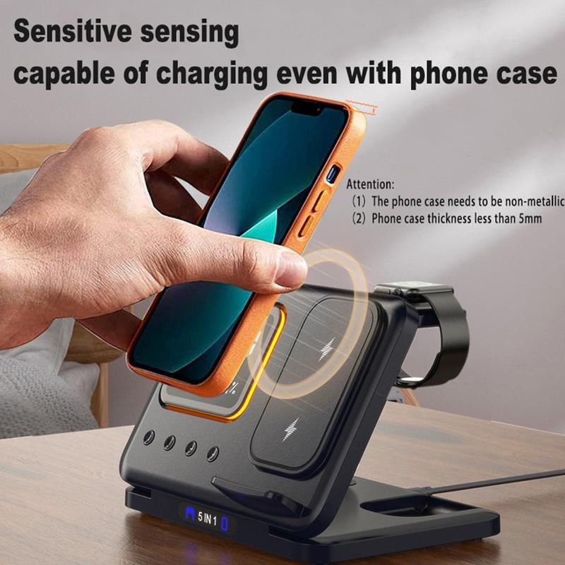 Chargeur sans fil 15W avec réveil LED - Station de Charge 5 en 1 et Horloge Numérique