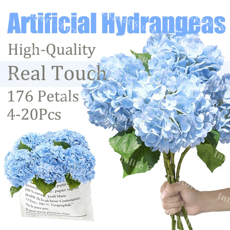 Fleurs d'hortensia artificielles bleues en Latex, touche réelle, 4-40 pièces pour décoration de mariage et table à la maison